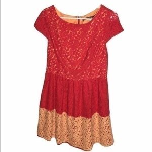 Kensie Red Peach Colorblock Floral lace dress